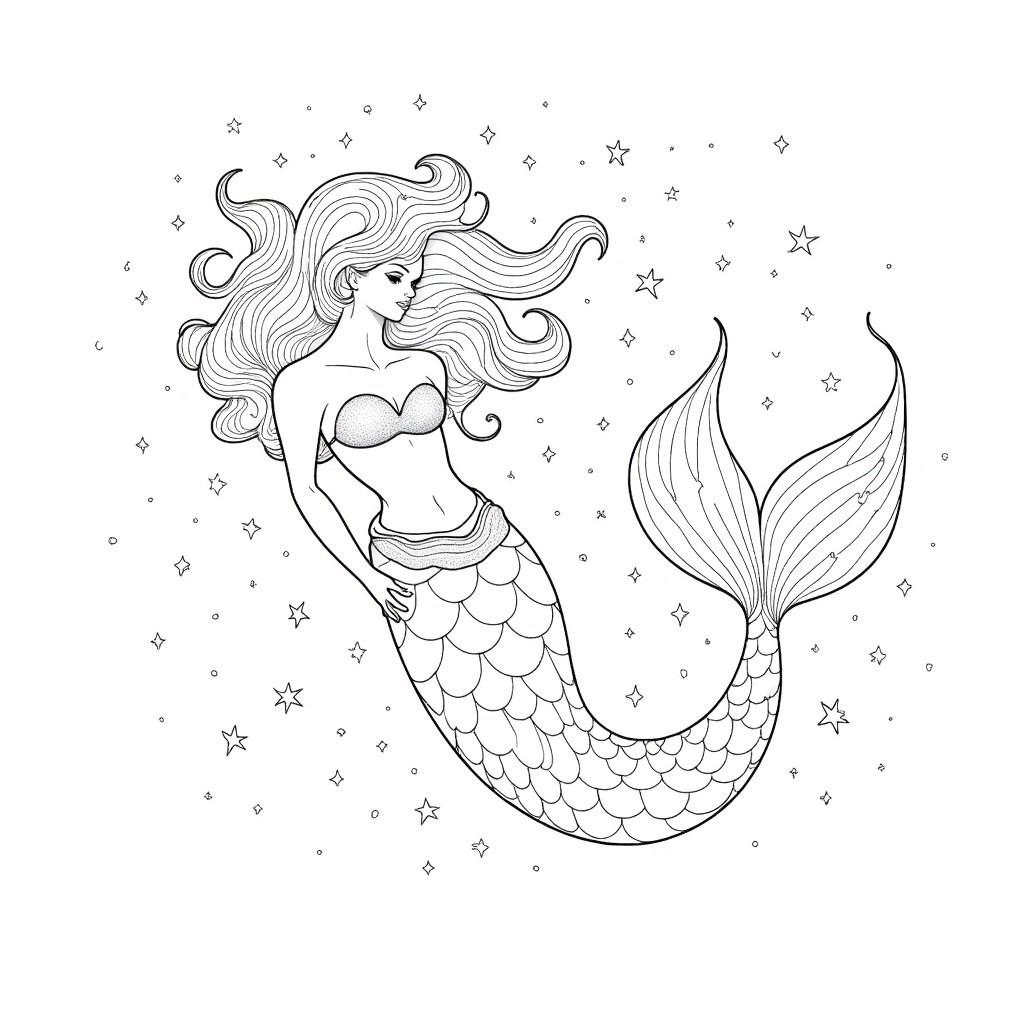 A pencil drawing coloring page of a cosmic mermaid in a stardust-filled underwater realm