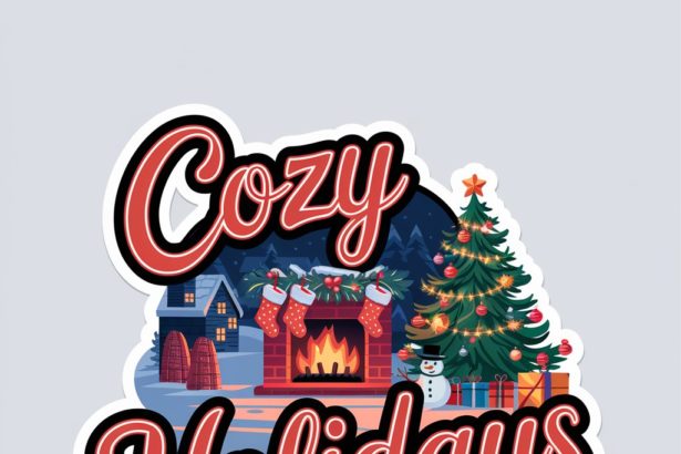 Christmas sticker with fireplace, tree, and "Cozy Holidays" text.