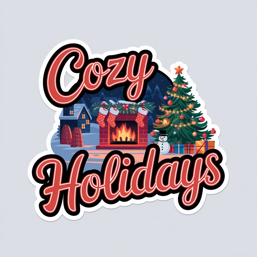 Christmas sticker with fireplace, tree, and "Cozy Holidays" text.