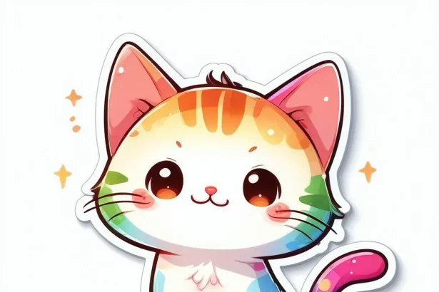 A cute rainbow cat with playful features designed as a 2D sticker