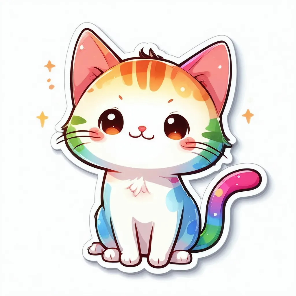 A cute rainbow cat with playful features designed as a 2D sticker