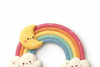 A 2D sticker design of a rainbow cloud with smiling moons