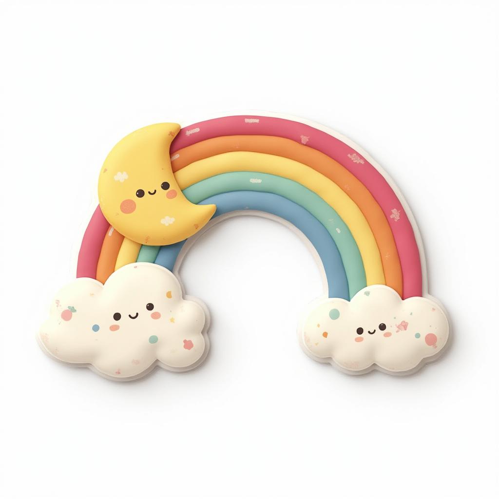 A 2D sticker design of a rainbow cloud with smiling moons