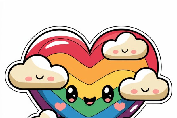 A colorful rainbow heart with clouds, designed as a 2D sticker