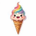 A cute rainbow ice cream cone with smiling faces designed as a 2D sticker