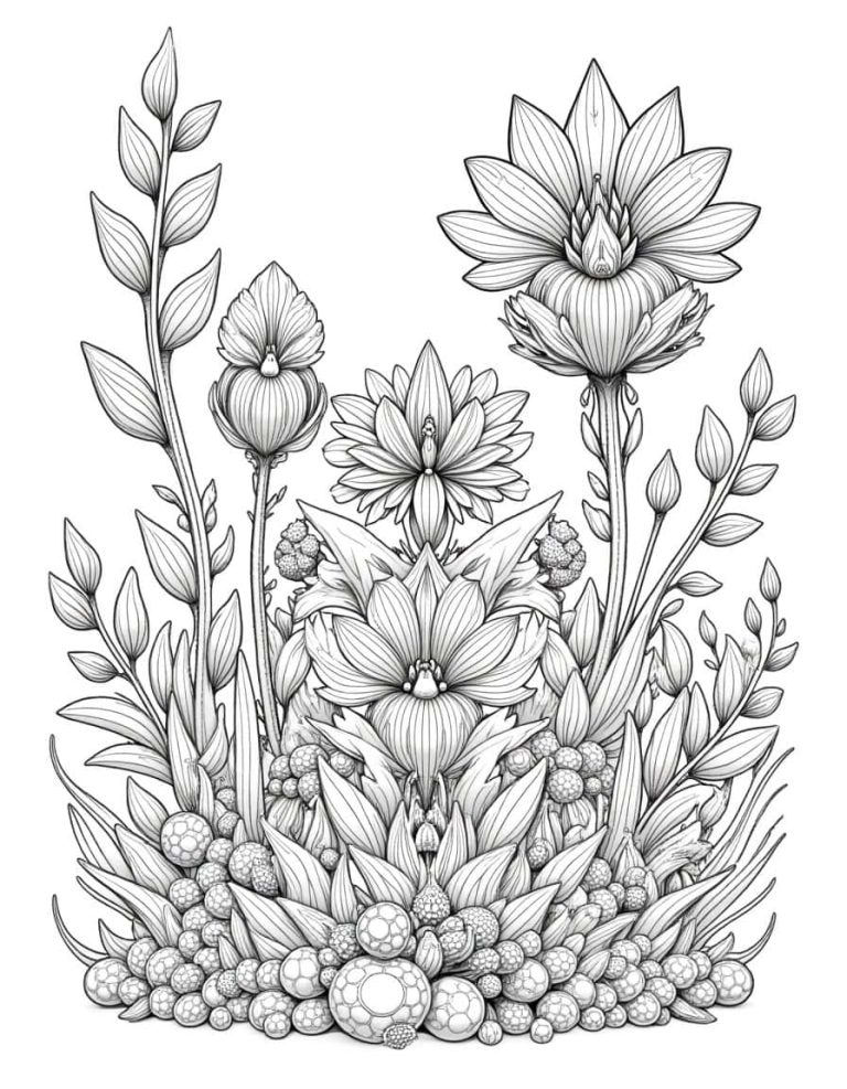 Cybernetic Garden Coloring Page: Bioengineered Flora