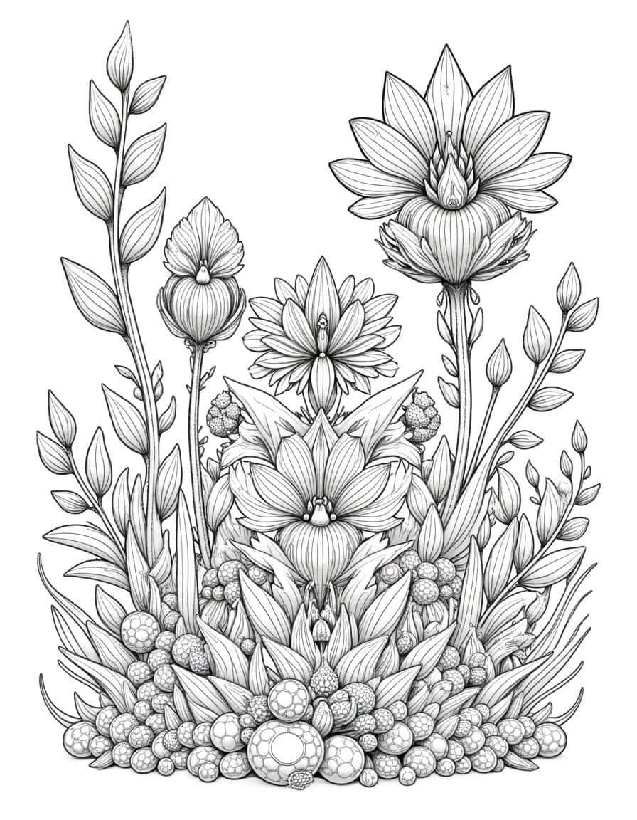 A pencil drawing coloring page of a cybernetic garden with futuristic plants and bioengineered flora