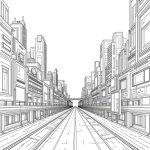 A pencil drawing coloring page of a cyberpunk cityscape with skyscrapers and neon signs