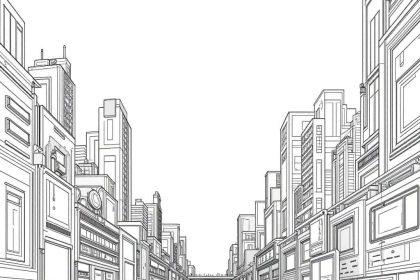 A pencil drawing coloring page of a cyberpunk cityscape with skyscrapers and neon signs