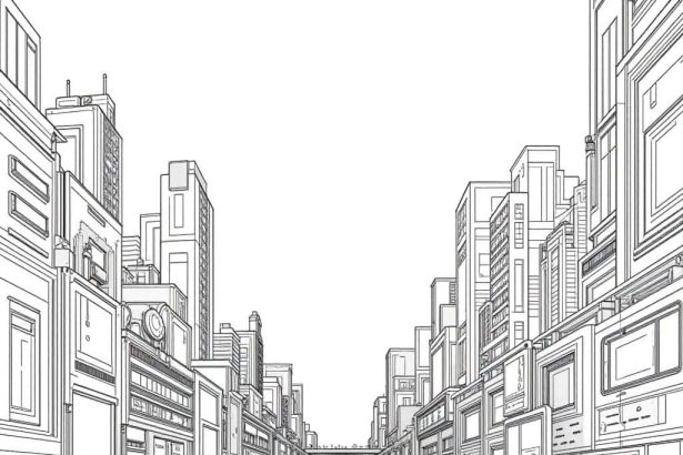 A pencil drawing coloring page of a cyberpunk cityscape with skyscrapers and neon signs