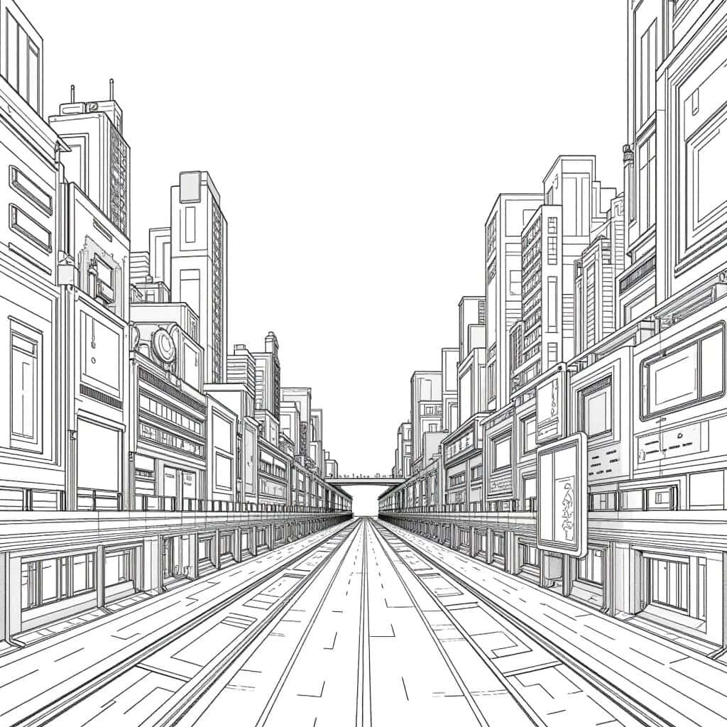 A pencil drawing coloring page of a cyberpunk cityscape with skyscrapers and neon signs