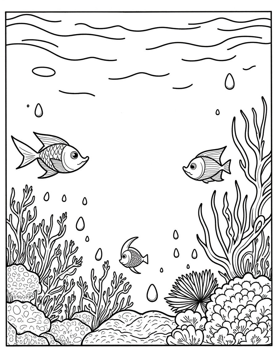 Intricate underwater scene for coloring, featuring coral reefs, fish, and a hidden mermaid's hideaway.