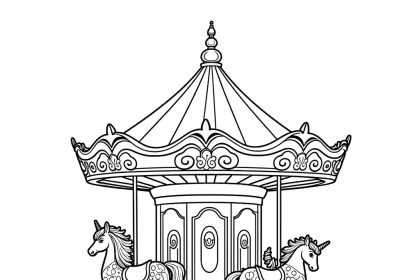 An enchanted carousel coloring page with unicorns and mythical creatures