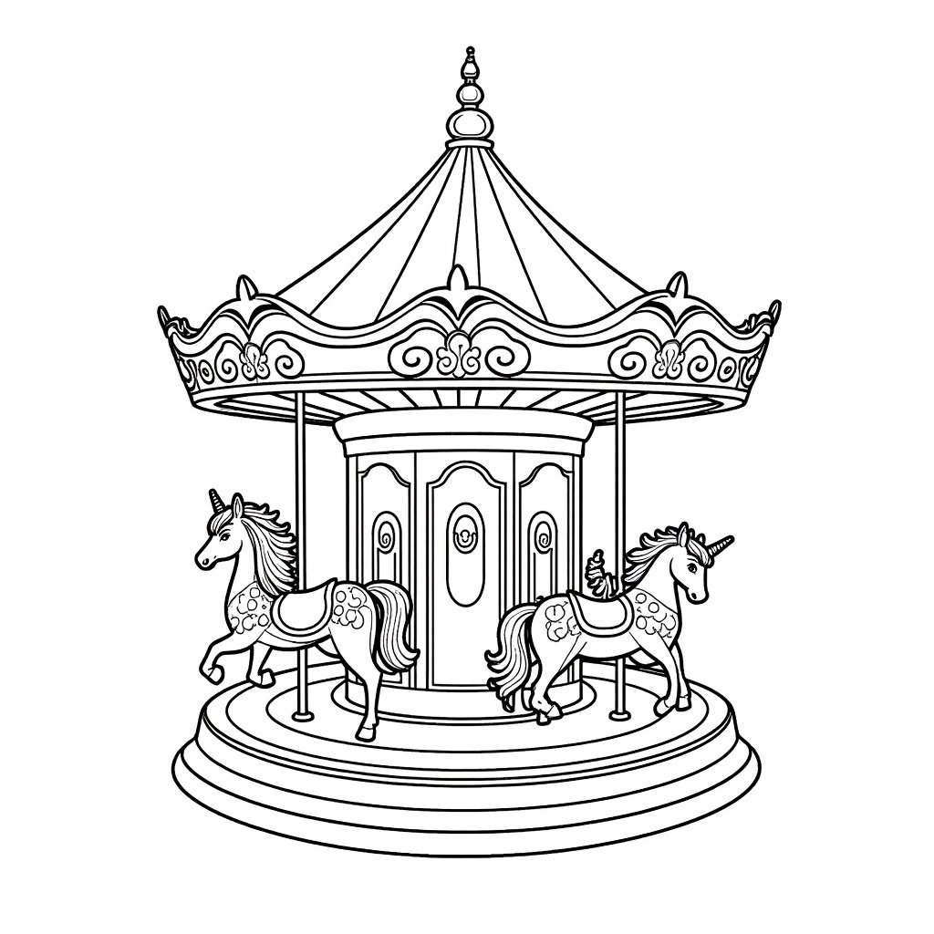 An enchanted carousel coloring page with unicorns and mythical creatures