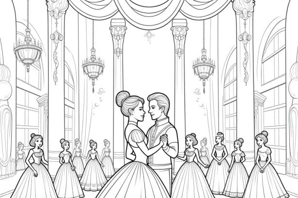 A fairy-tale ballroom coloring page with princesses and princes dancing