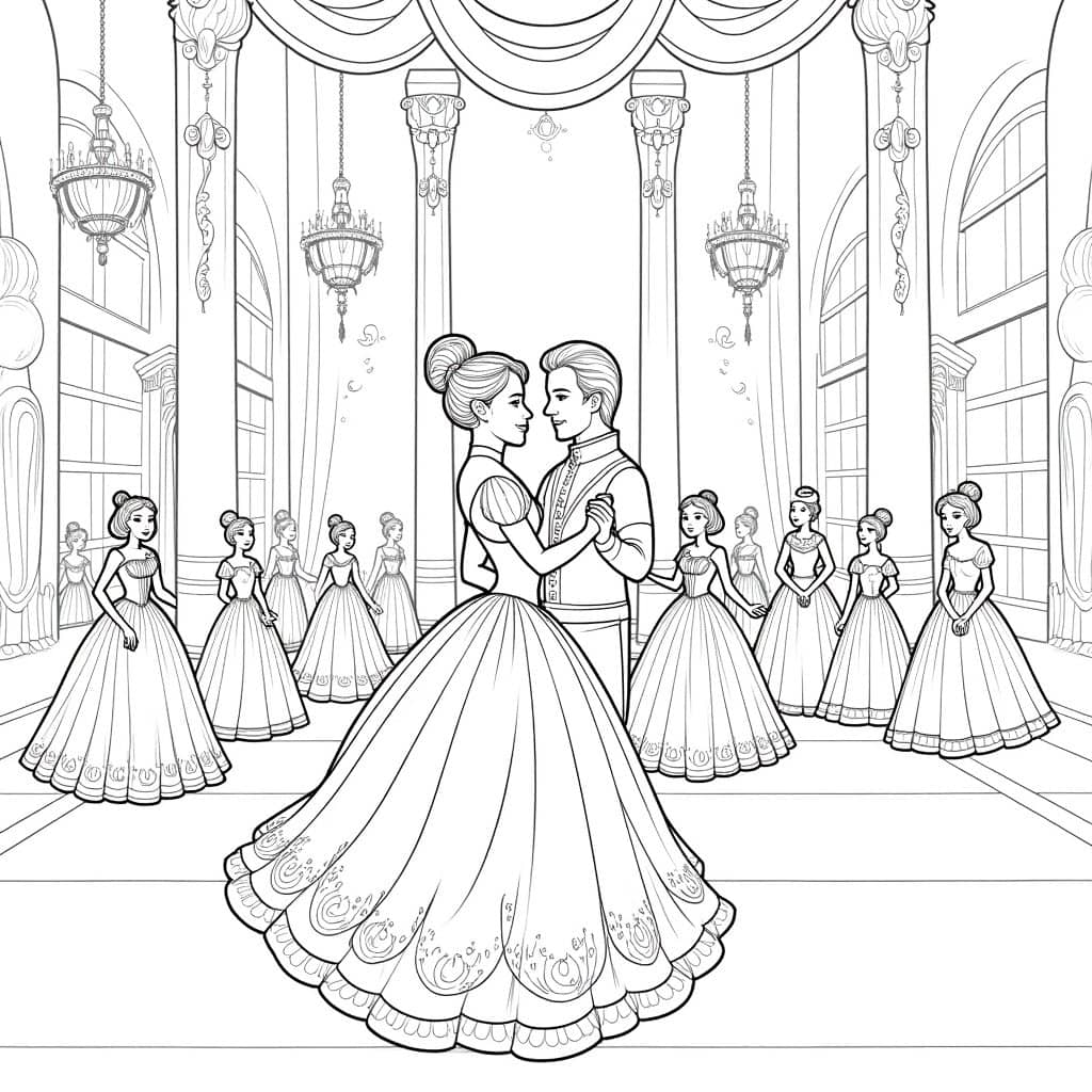 A fairy-tale ballroom coloring page with princesses and princes dancing