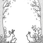 Black and white line art of an enchanted forest with magical animals and fairies.