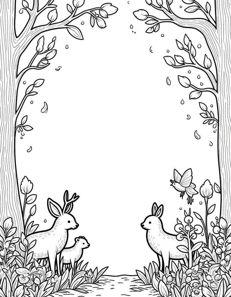 Black and white line art of an enchanted forest with magical animals and fairies.