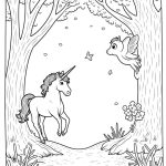 Black and white line art of a mystical forest with fairies, unicorns, and talking trees.