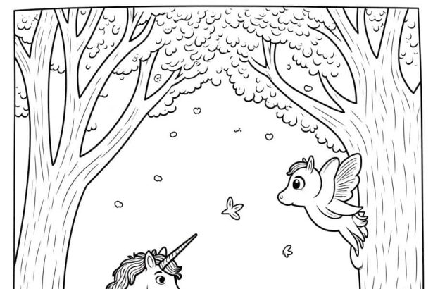 Black and white line art of a mystical forest with fairies, unicorns, and talking trees.