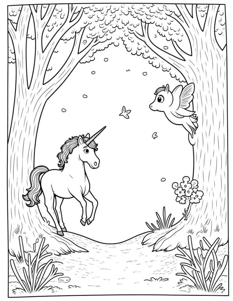 Black and white line art of a mystical forest with fairies, unicorns, and talking trees.