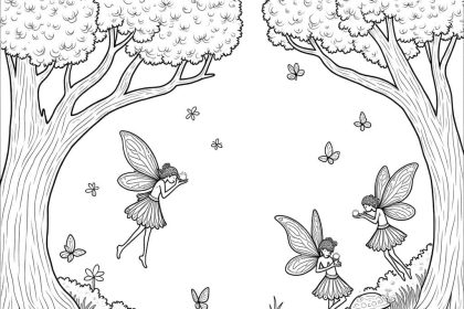 An enchanted forest coloring page with fairies, trees, and animals