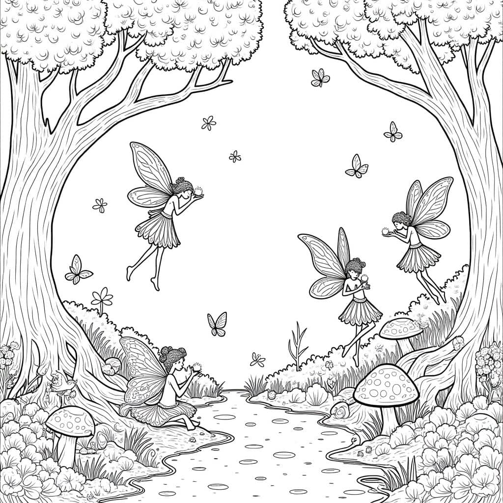 An enchanted forest coloring page with fairies, trees, and animals