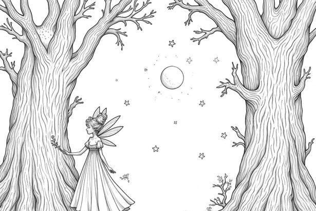 A pencil drawing coloring page of an enchanted forest with fairies, wisps, and forest spirits under a moonlit sky