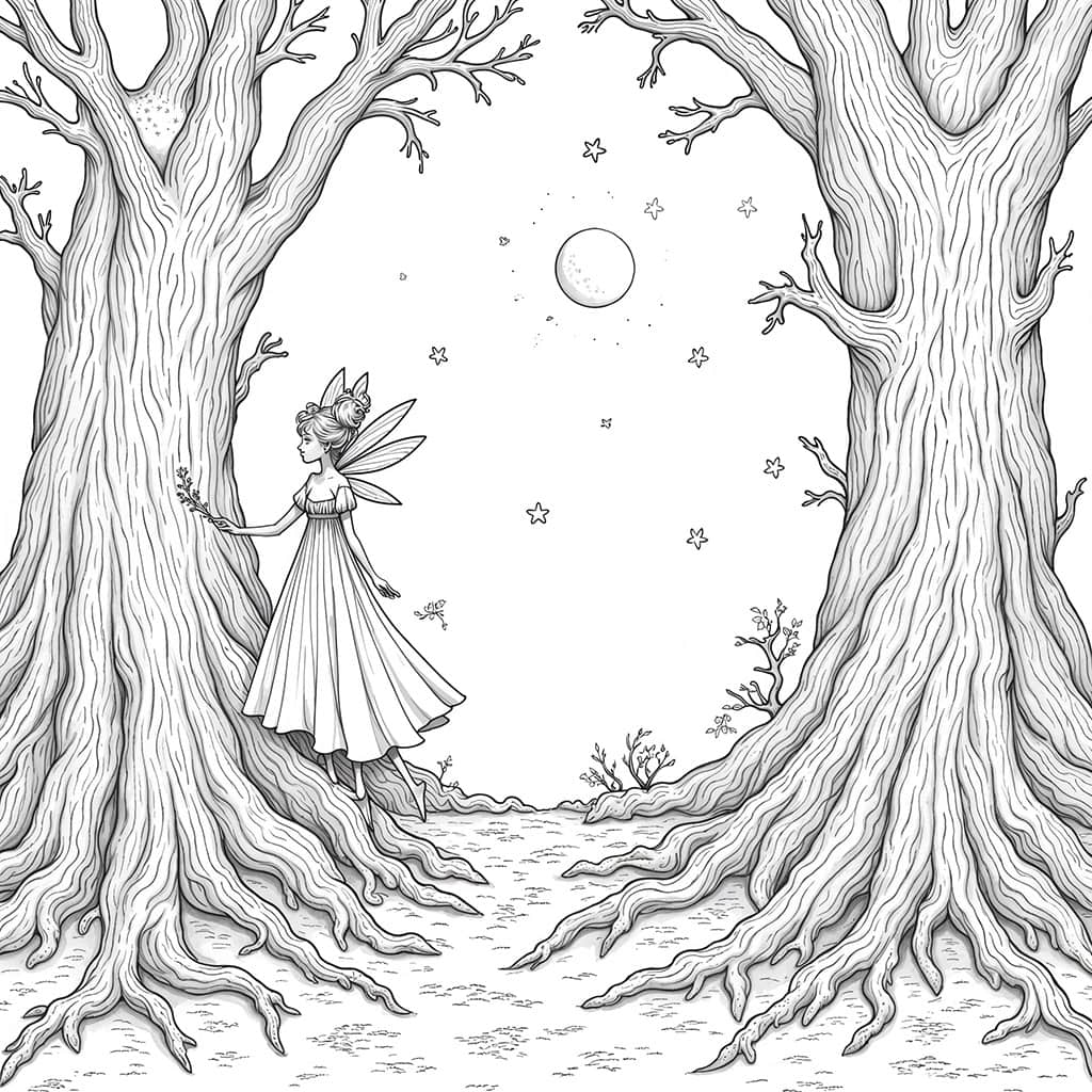 A pencil drawing coloring page of an enchanted forest with fairies, wisps, and forest spirits under a moonlit sky