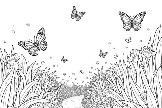 An enchanted garden coloring page with blooming flowers and butterflies