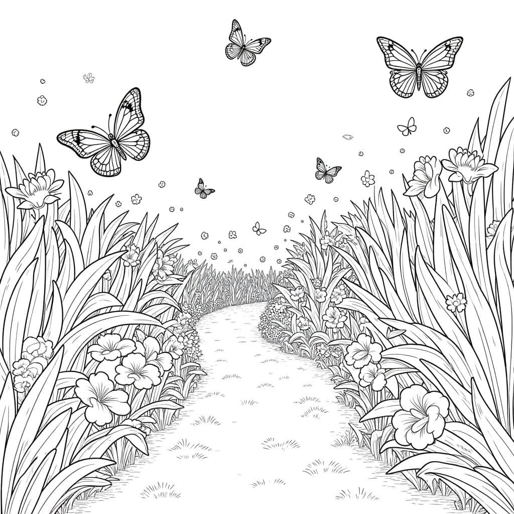 An enchanted garden coloring page with blooming flowers and butterflies