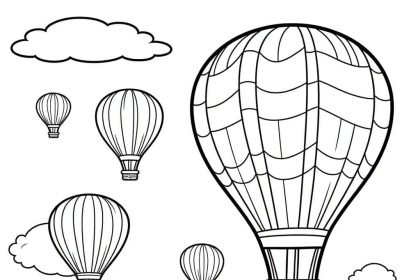 An enchanted hot air balloons coloring page with colorful balloons and clouds