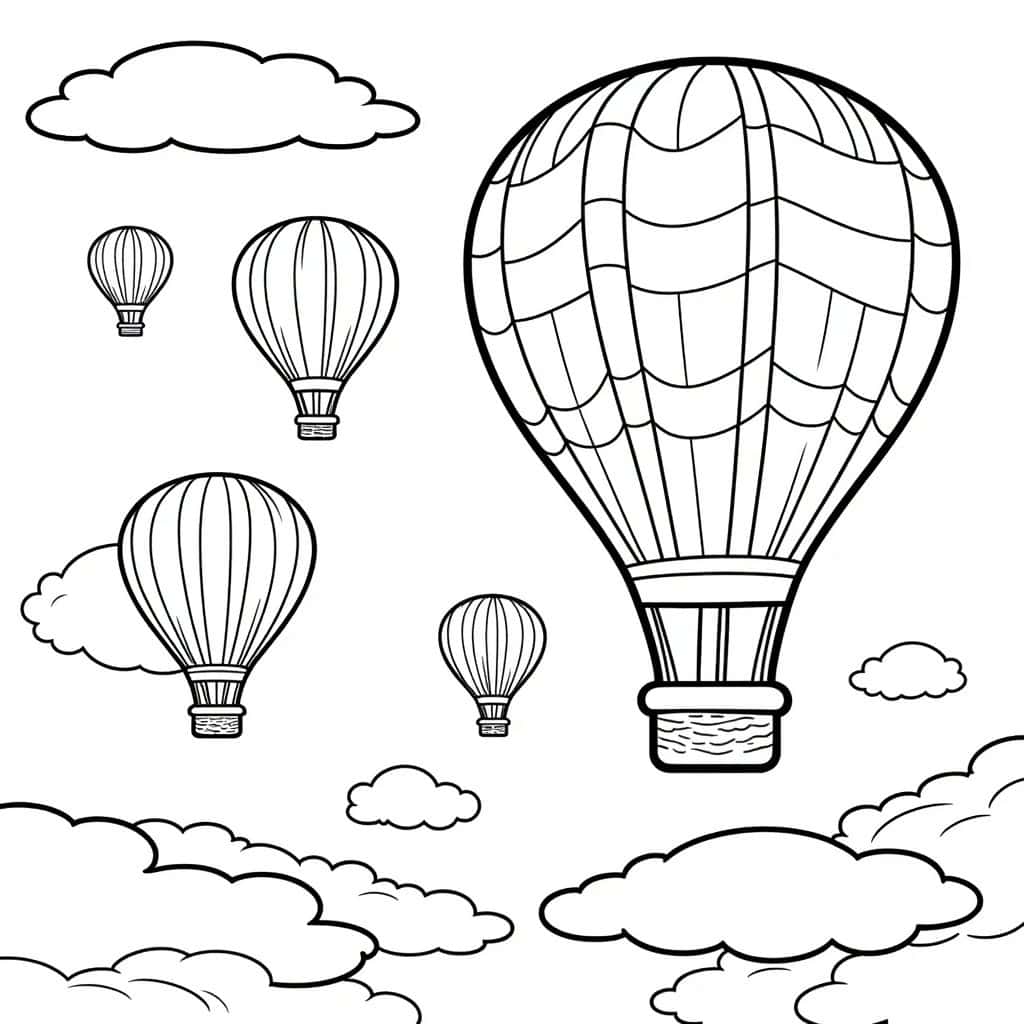 An enchanted hot air balloons coloring page with colorful balloons and clouds