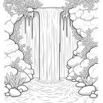 A pencil drawing coloring page of an enchanted waterfall with magical cascades and shimmering pools