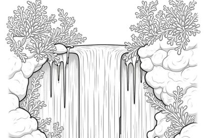 A pencil drawing coloring page of an enchanted waterfall with magical cascades and shimmering pools