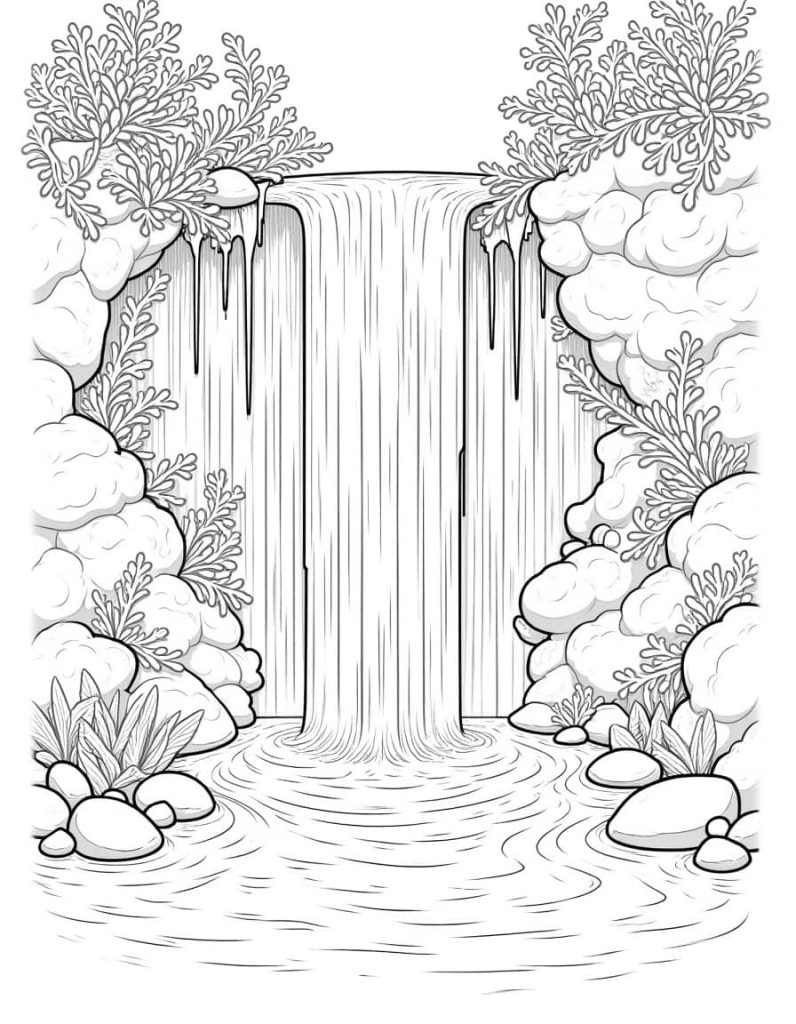 A pencil drawing coloring page of an enchanted waterfall with magical cascades and shimmering pools