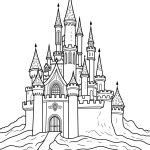 Black and white line art of a detailed fairy tale castle with medieval charm.