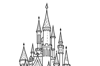 Black and white line art of a detailed fairy tale castle with medieval charm.