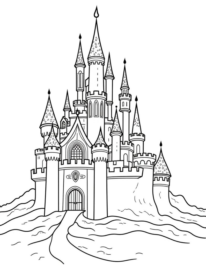 Black and white line art of a detailed fairy tale castle with medieval charm.