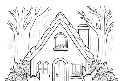 A fairy-tale woodland cottage coloring page with flowers and animals