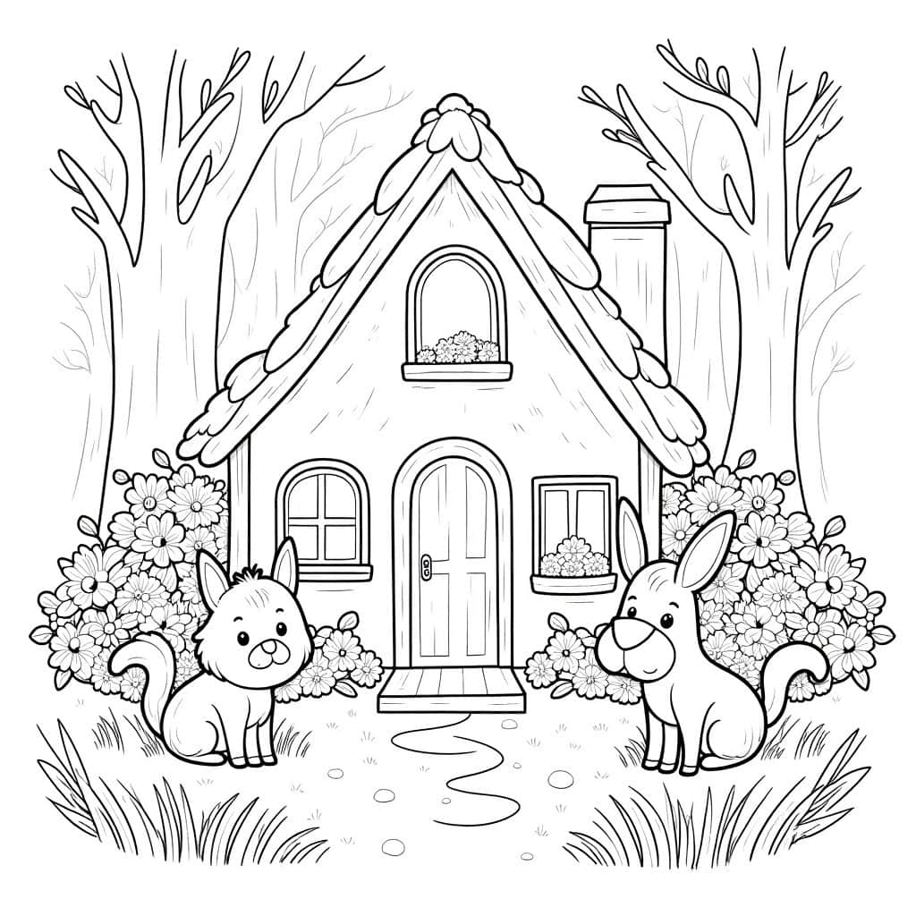 A fairy-tale woodland cottage coloring page with flowers and animals