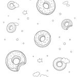 Cartoon line art of donuts falling from the sky, black and white.