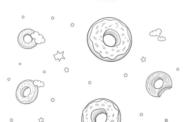 Cartoon line art of donuts falling from the sky, black and white.