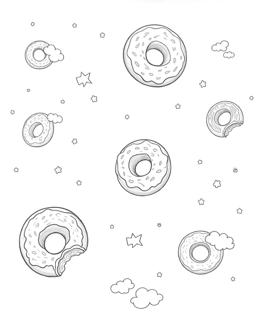 Cartoon line art of donuts falling from the sky, black and white.