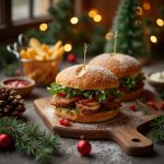 A gourmet sandwich on a wooden serving board, surrounded by holiday decorations, crispy fries, and warm bokeh lights in a cozy festive atmosphere.