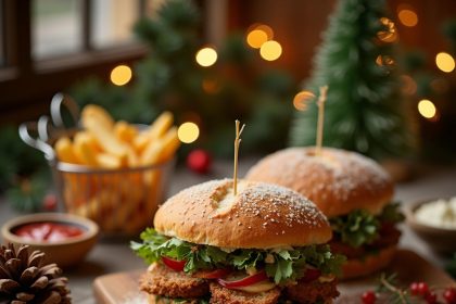 A gourmet sandwich on a wooden serving board, surrounded by holiday decorations, crispy fries, and warm bokeh lights in a cozy festive atmosphere.