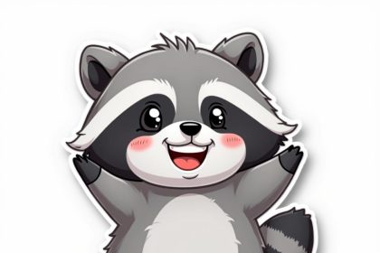 A fluffy raccoon with a mischievous grin, designed as a cute 2D sticker on a white background.