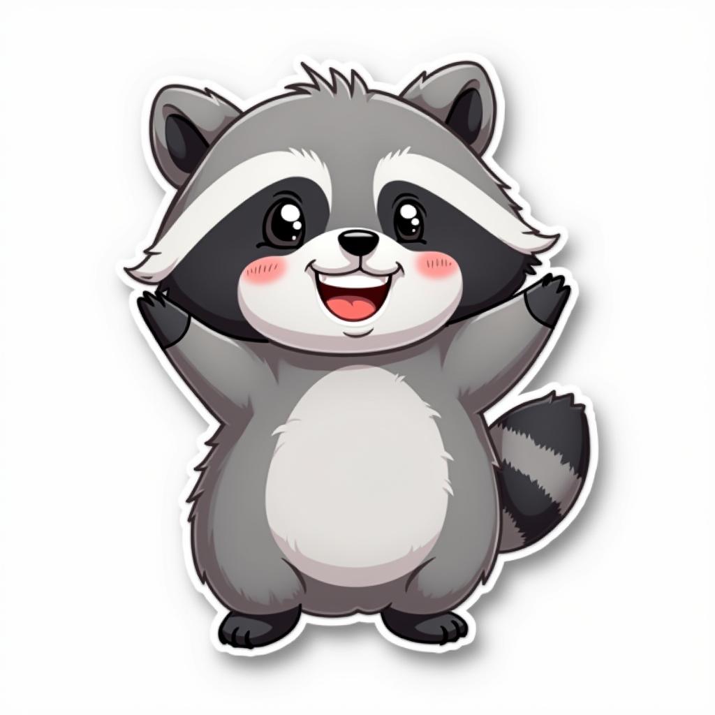 A fluffy raccoon with a mischievous grin, designed as a cute 2D sticker on a white background.