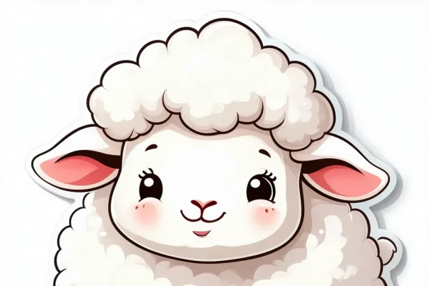 A 2D sticker design of a fluffy, smiling sheep with a white background