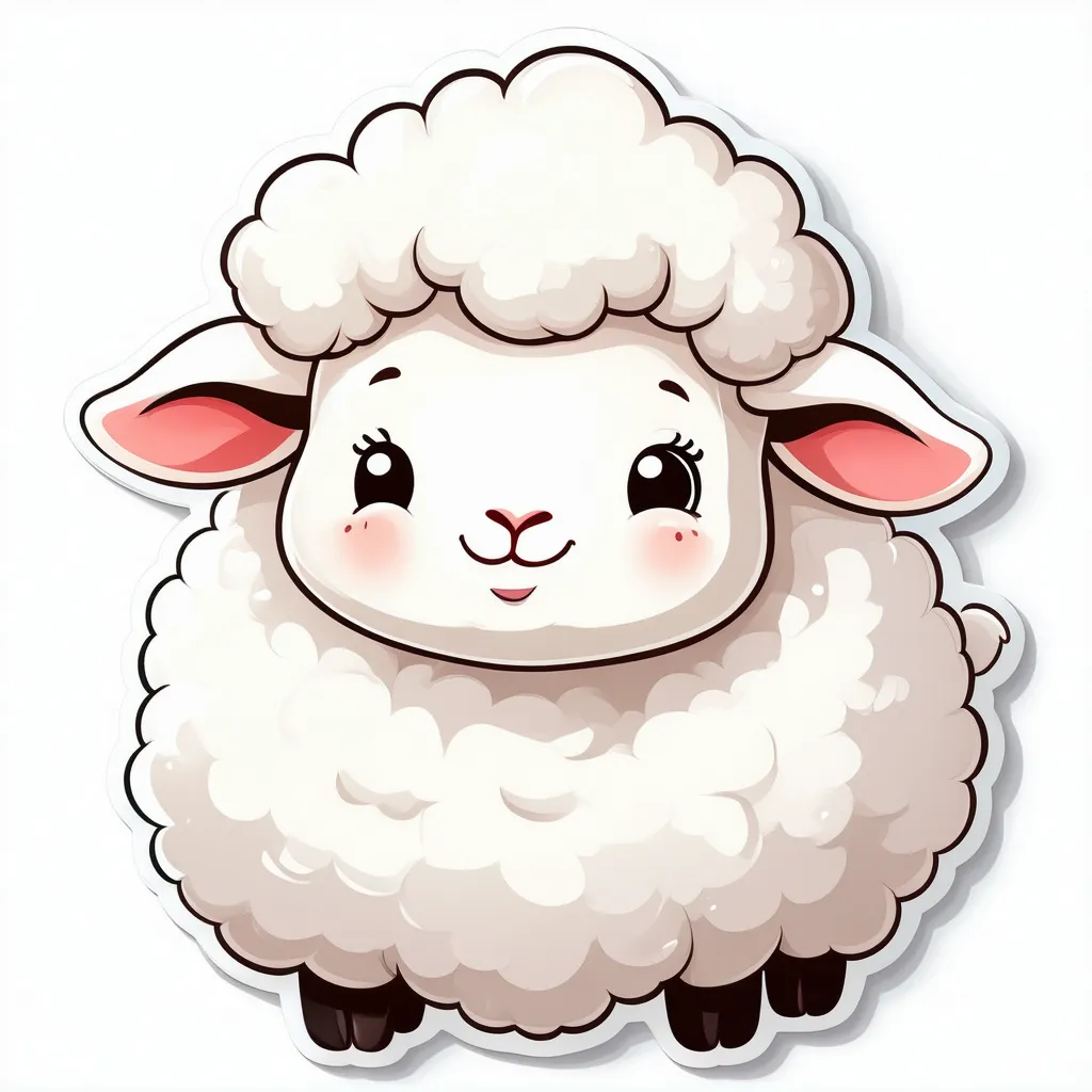 A 2D sticker design of a fluffy, smiling sheep with a white background